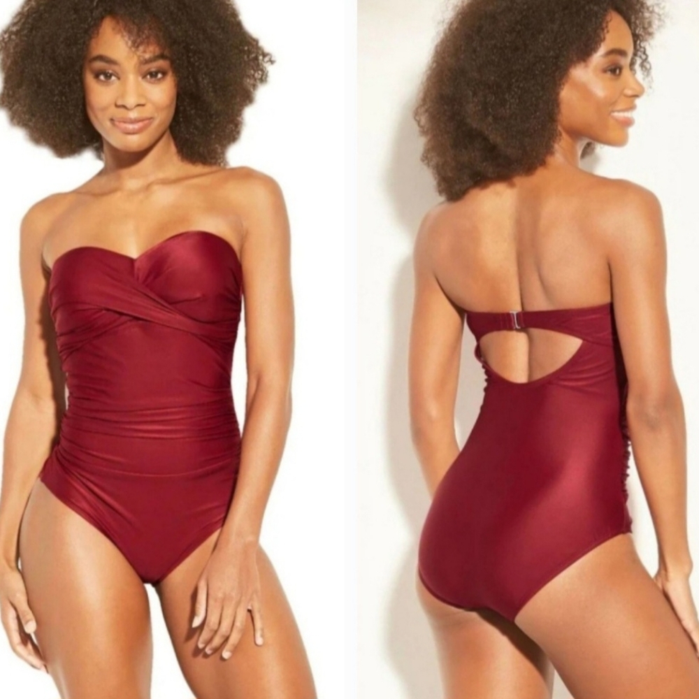 Kona Sol Women's Shirred Bandeau Strapless One Piece Swimsuit Size Medium